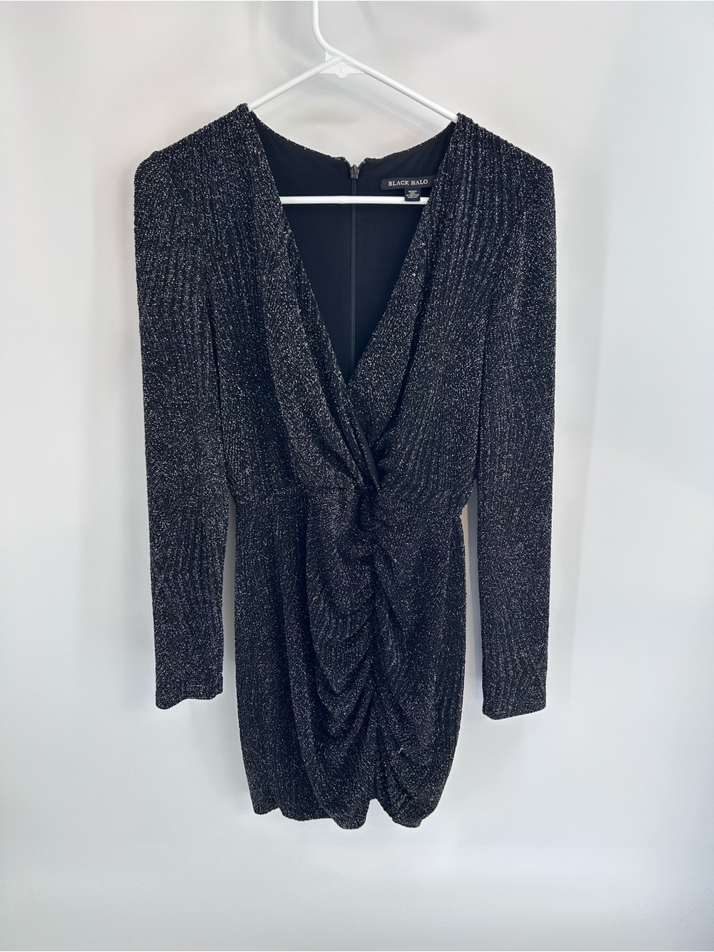 Black Halo Black Glitter Long Sleeve Black Mini Dress - Size 4